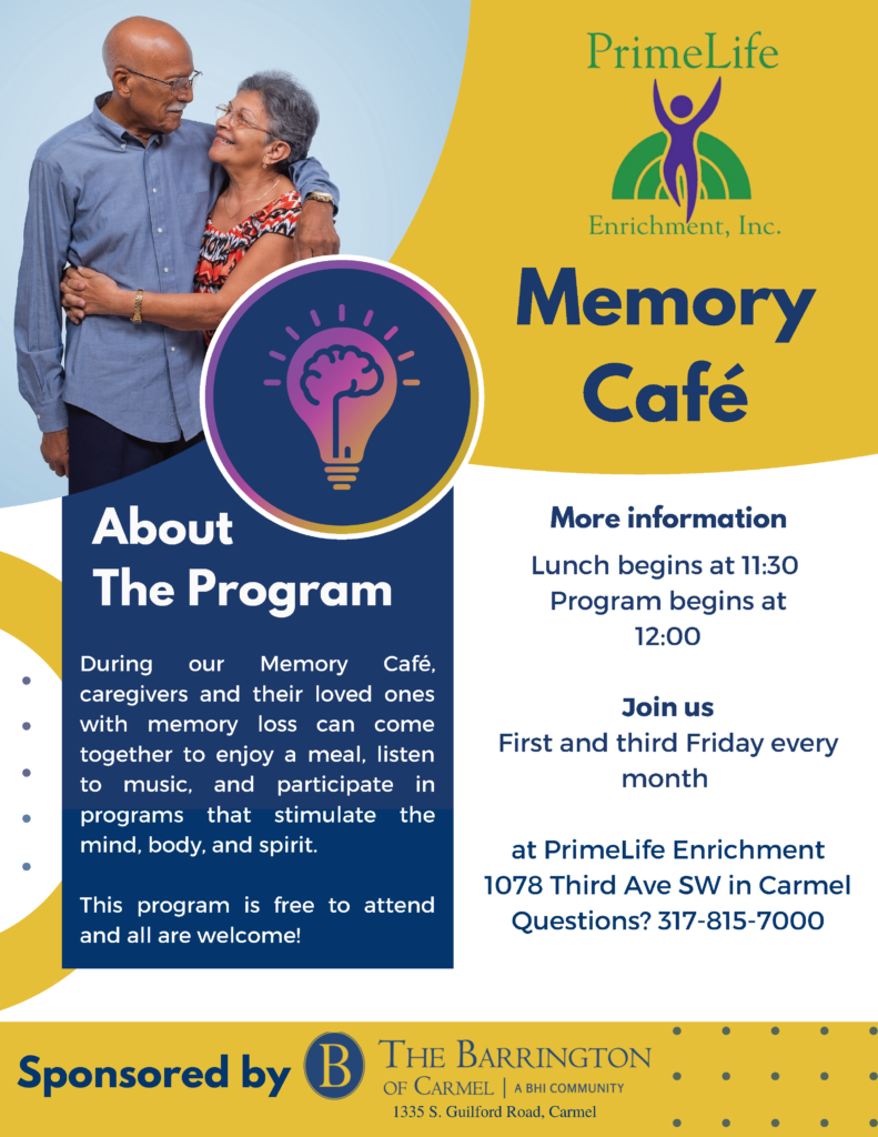 PrimeLife Enrichment Center Memory Cafe flyer